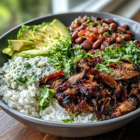 Fluffy white rice and tender slow-cooked carnitas fill a rustic bowl, topped with creamy avocado and fresh pico de gallo.