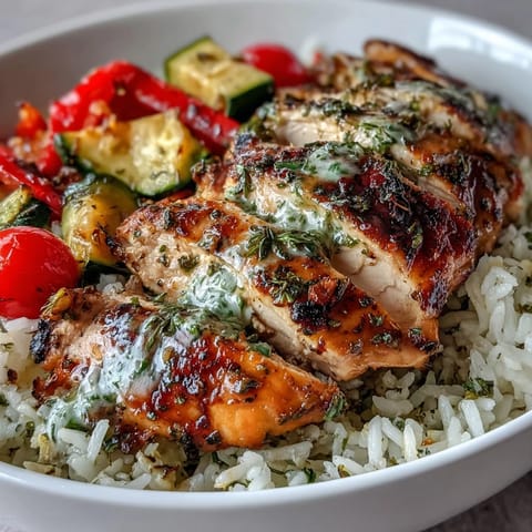 Tender herb-roasted chicken breast slices nestled atop fluffy rice and colorful roasted vegetables in this Lemon Herb Roasted Chicken Bowl, glistening with zesty lemon dressing.  
