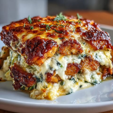 Freshly baked High Protein Chicken Zucchini Casserole featuring golden seared chicken, creamy zucchini, and bubbling mozzarella cheese topped with fresh parsley.
