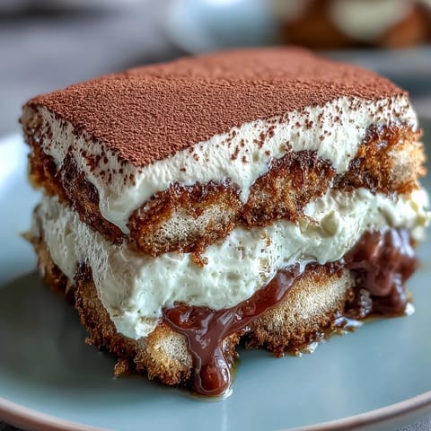 Creamy Hojicha Tiramisu on a plate with cocoa dusting and a warm cup of tea nearby.