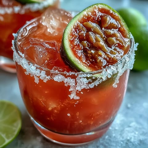 Close-up of a frosted Best Guava Margarita showing pink-orange hue, ice cubes, and a fresh lime wheel on top.
