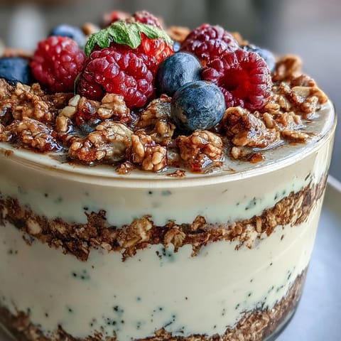 A spoonful of Hojicha Panna Cotta Parfait showing rich roasted tea custard and sweet berries.
