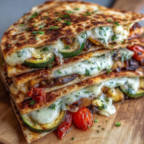 Grilled Mediterranean Veggie Quesadillas garnished with fresh parsley, sliced into warm wedges ready for dipping.