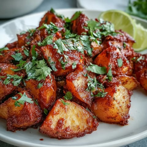 Spicy Mexican-Style Street Potatoes sizzling in a skillet with smoky spices and minced garlic.
