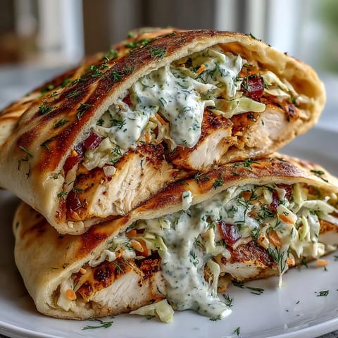Flavor-packed chicken pitas with creamy herby ranch slaw on a rustic plate with fresh herbs and lemon wedges.
