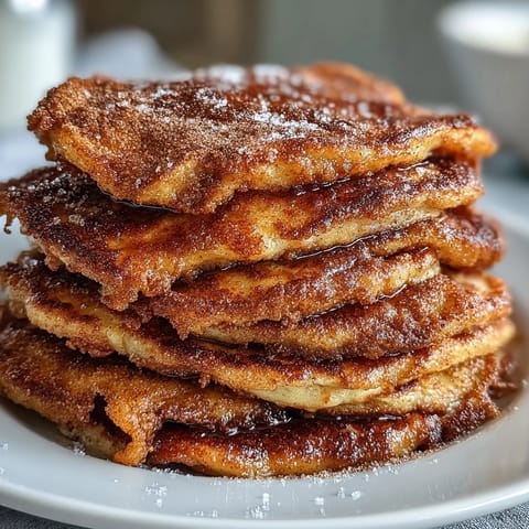 Fluffy Spanish Churro-Inspired Pancakes with crispy edges and a warm cinnamon sugar coating on a plate.