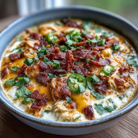 A ladle pours creamy Spicy Jalapeño Popper Chicken Soup with melted cheddar and jalapeños.