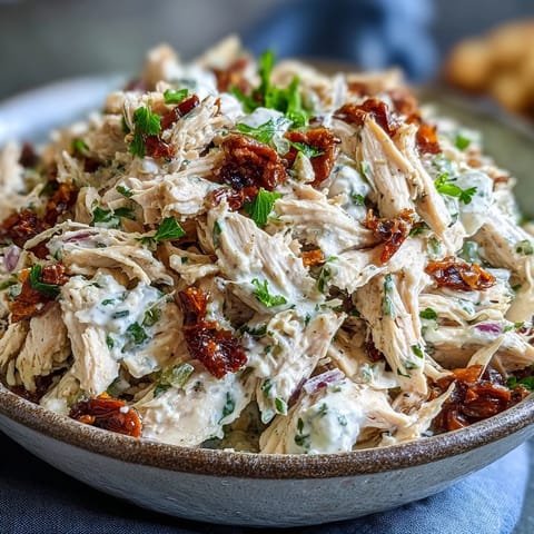 Colorful Sun-Dried Tomato Chicken Salad in a bowl, ready for a quick lunch wrap.