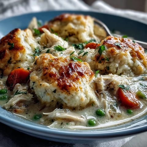 Golden drop dumplings puff over a creamy ranch-seasoned chicken stew with carrots and peas in a rustic slow cooker.