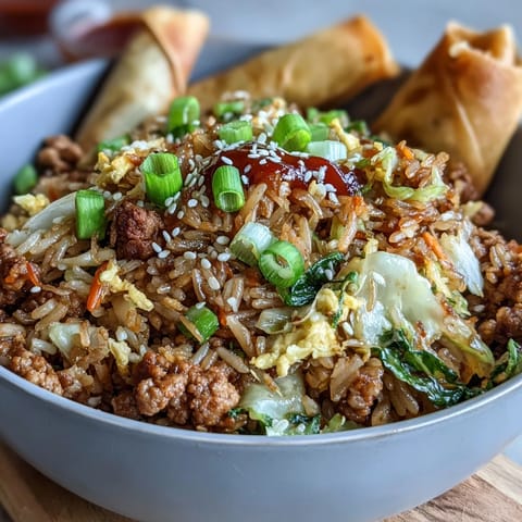 Steaming bowl of Crispy Chicken Fried Rice with Egg Roll Flavors, featuring crispy ground chicken, cabbage, and carrots mixed with fluffy rice.