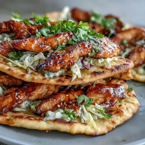 Warm honey-garlic glazed chicken piled onto garlic naan tacos with crunchy purple and green cabbage slaw.
