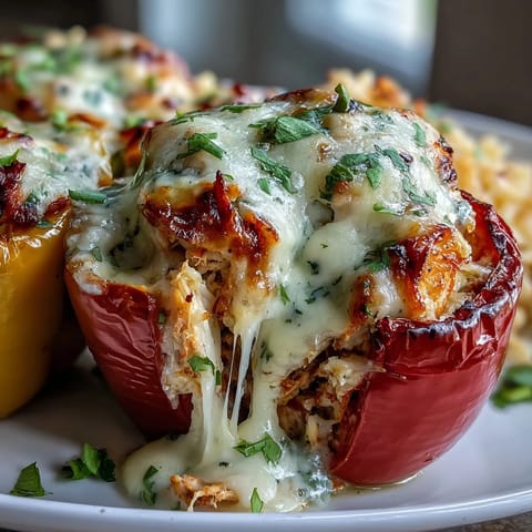 Garlic Parmesan Chicken Stuffed Peppers served warm with a fork, next to a crisp salad.