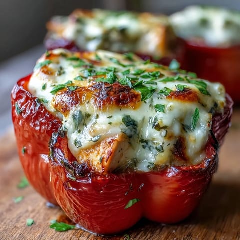 Four roasted bell peppers filled with creamy Garlic Parmesan Chicken Stuffed Peppers, topped with golden melted mozzarella and fresh parsley.