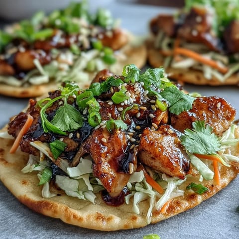 Golden chicken glazed in honey garlic sauce fills soft naan bread for a fusion taco.