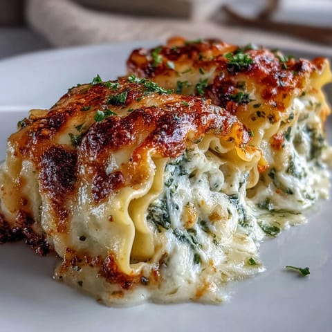 Golden-baked Garlic Butter Lasagna Roll-Ups sit bubbling in a dish, showing creamy filling and herb flecks.