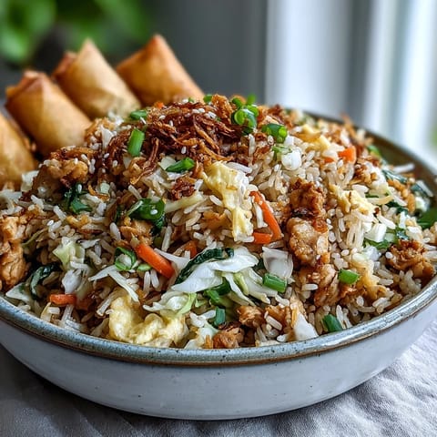 A close-up of Crispy Chicken Fried Rice with Egg Roll Flavors garnished with toasted sesame seeds and green onions, served in a ceramic bowl.