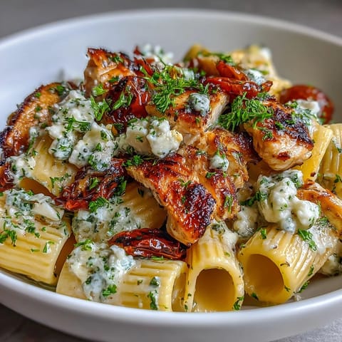 Golden roasted chicken and creamy feta cheese mix with al dente penne pasta in Roasted Garlic & Feta Chicken Pasta, garnished with fresh parsley.