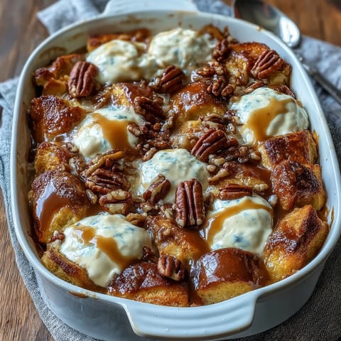 Golden, caramel-drizzled Caramel Cream Cheese French Toast Casserole topped with fresh berries.