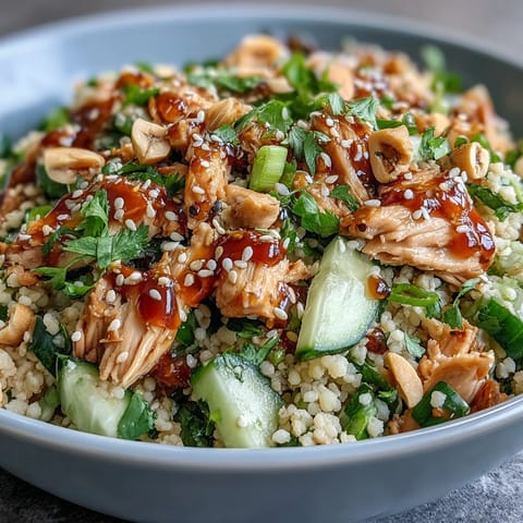 Crisp cucumber and tender shredded rotisserie chicken sit atop fluffy pearl couscous in this Asian Sesame Chicken Couscous Salad, drizzled with a bold sesame-soy dressing.