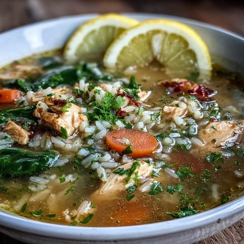 A close-up of One-Pot Lemon Chicken Rice Soup with fresh parsley garnish and lemon slices on the side.  