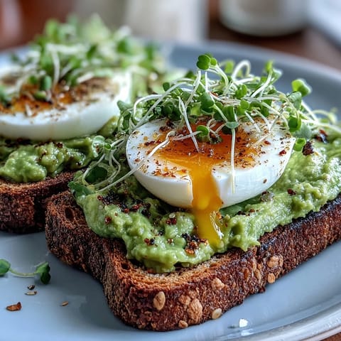 Vibrant clean eating avocado toast with soft-boiled egg and microgreens on whole grain bread for a nourishing breakfast.  