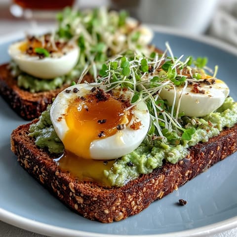 Creamy avocado spread over crisp whole grain toast topped with perfectly soft-boiled egg and fresh microgreens.  