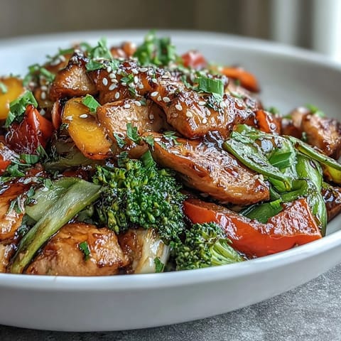 Vibrant stir-fried chicken breast and fresh vegetables tossed in a flavorful soy-ginger sauce, perfect for a healthy, high-protein dinner.  