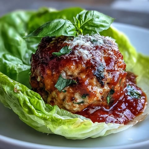 Healthy turkey meatballs in crisp lettuce wraps, topped with rich marinara sauce for a fresh and light meal.  