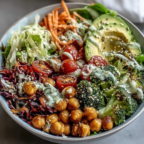 Colorful Rainbow Veggie Buddha Bowl featuring crisp vegetables, creamy avocado, and protein-rich chickpeas with sesame ginger dressing.  