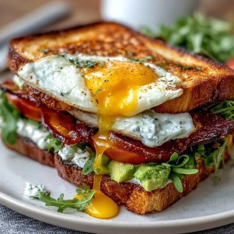 A hearty breakfast stack layered with avocado, bacon, tomato, and greens on sourdough, crowned with a sunny-side-up egg.  