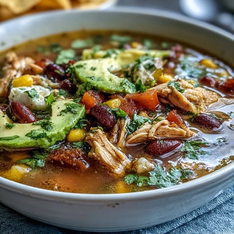 High-Protein Chicken Taco Soup with Veggie Confetti in a colorful bowl, topped with fresh cilantro and avocado slices.  