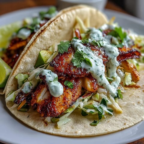 Zesty pan-seared white fish tacos topped with fresh cabbage slaw, cilantro crema, and ripe avocado slices for a bold, flavorful bite.  