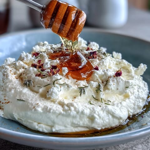 Creamy whipped feta with salted honey and edible flowers, served with warm pita for a Mediterranean appetizer.