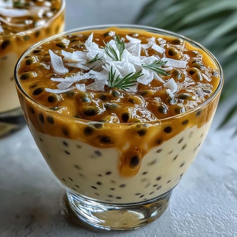 Creamy passionfruit chia pudding with tropical coconut topping, a refreshing vegan breakfast or dessert option.