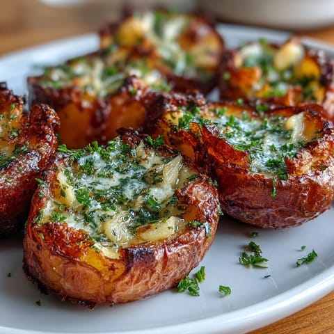 Aromatic roasted garlic butter drizzled over tender smashed potatoes with crispy, golden-brown tops.  