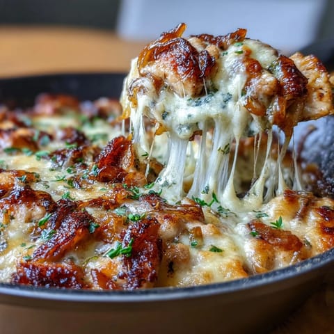 French Onion Chicken Bake with Melted Gruyere, featuring tender chicken breasts smothered in caramelized onions and topped with bubbling Gruyere cheese. A comforting baked chicken dish inspired by classic French onion soup.