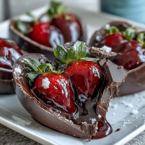 Delight in this interactive chocolate heart dessert, perfect for sharing, with sweet strawberries hidden within the shell.