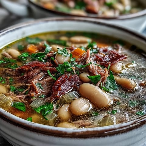 Hearty Southern White Bean and Ham Hock Soup, garnished with fresh parsley and served in a rustic white bowl.  