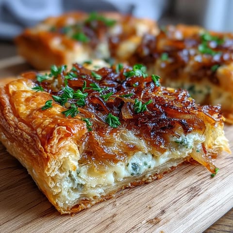 A golden, flaky pastry tart filled with sweet caramelized onions and melted Gruyere cheese, perfect for an elegant brunch.