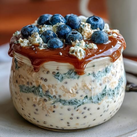 1. Creamy overnight oats with chia seeds and fresh blueberries, layered in glass jars for easy meal prep and a healthy breakfast.