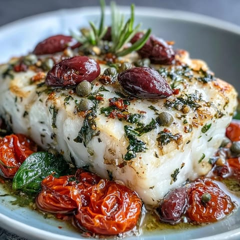 Mediterranean baked cod with tomatoes, olives, and herbs, served on a rustic white plate with lemon wedges and fresh basil garnish.  