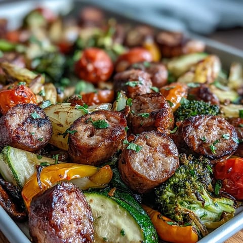 Vibrant sheet pan meal with rainbow veggies and sausage, roasted to golden perfection for a healthy family dinner.