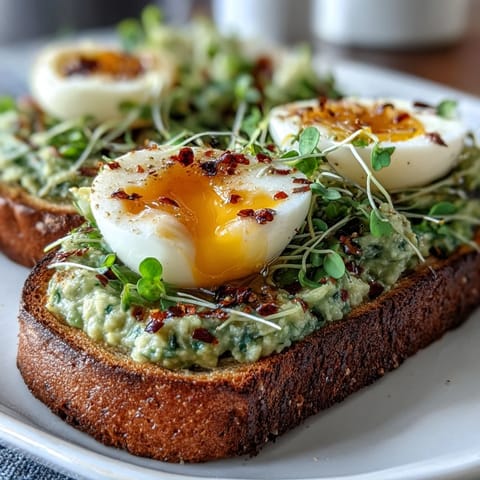 Light avocado egg toast with microgreens and chili flakes on whole grain bread, topped with a soft-boiled egg and a sprinkle of chili flakes for a healthy breakfast.  