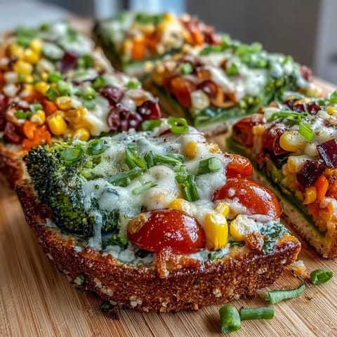 Festive St. Patrick's Day flatbread pizza featuring a rainbow of crisp bell peppers, broccoli, and cherry tomatoes on melted mozzarella.  