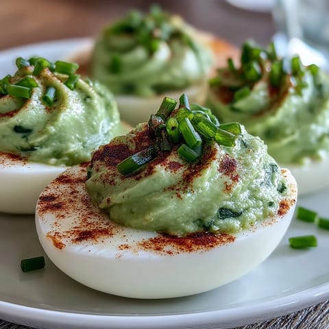 Vibrant green deviled eggs filled with creamy avocado, garnished with smoked paprika and fresh chives for a festive appetizer.  