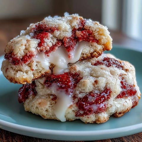 A tray of soft cottage cheese strawberry shortcake cookies, bursting with fresh diced strawberries and golden edges, perfect for dessert.