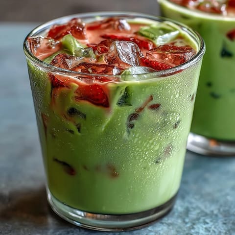 A vibrant glass of dairy-free strawberry matcha iced latte with creamy coconut milk and fresh strawberry purée.  