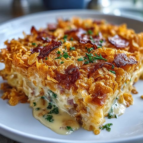 Hearty breakfast skillet loaded with cheesy funeral potatoes, diced ham, and a crunchy cornflake topping, baked to perfection.  