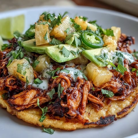 Crispy tostadas piled high with zesty chicken, pineapple salsa, and creamy avocado slices for a fresh, vibrant meal.