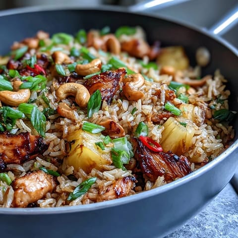 Vibrant pineapple chicken fried rice with juicy pineapple chunks, tender chicken, and crunchy roasted cashews in a colorful, savory dish.